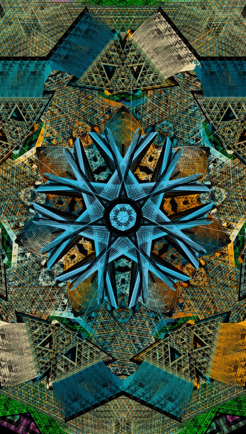 Blue snowflake over triangular mesh