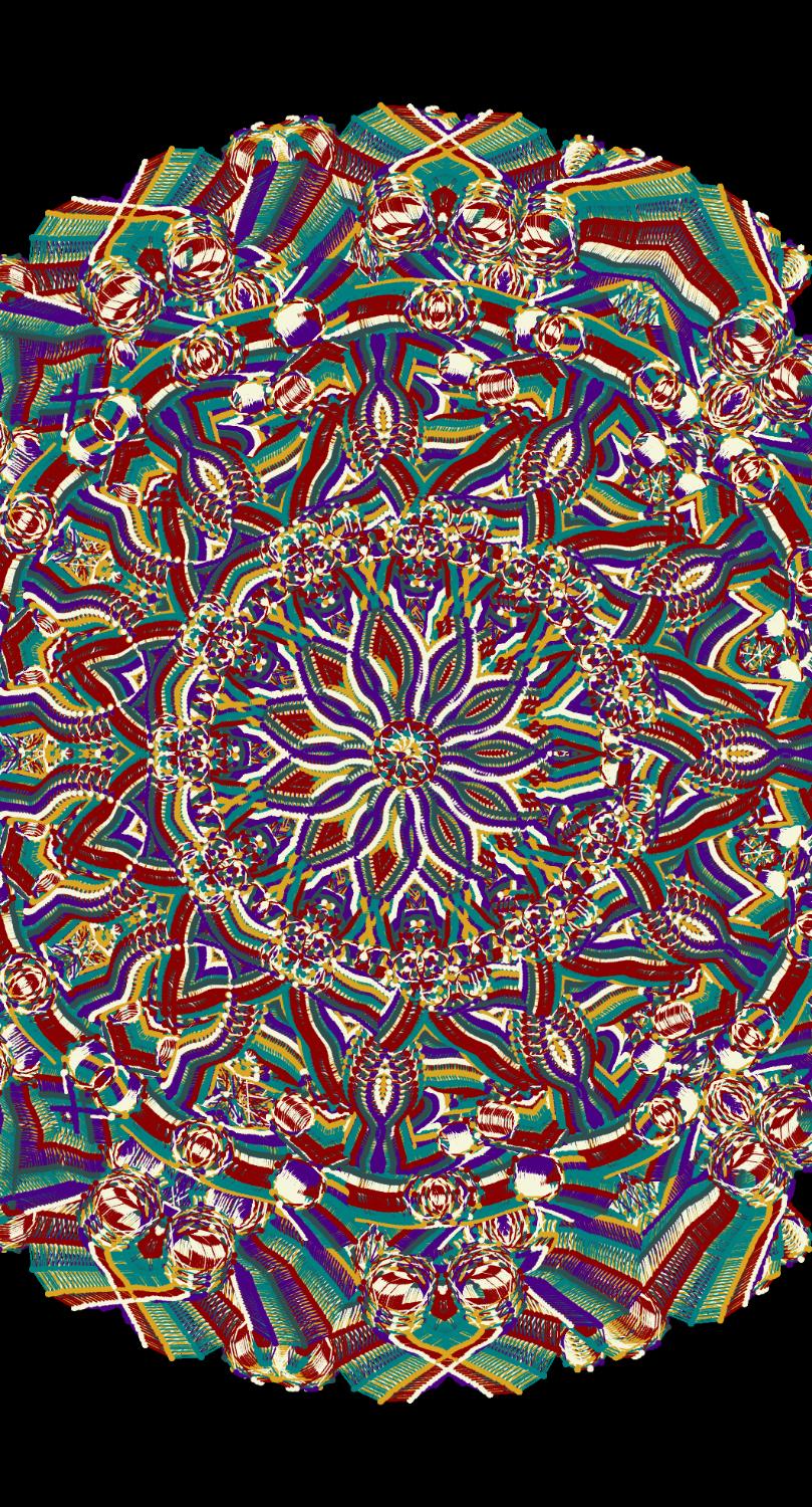 Woven circular mandala in red teal and gold